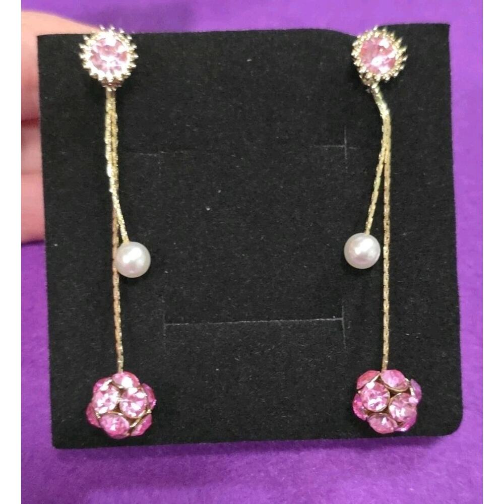 Pink Rhinestone Crystal Ball Long Dangle Earrings White Faux Pearl Gold Tone